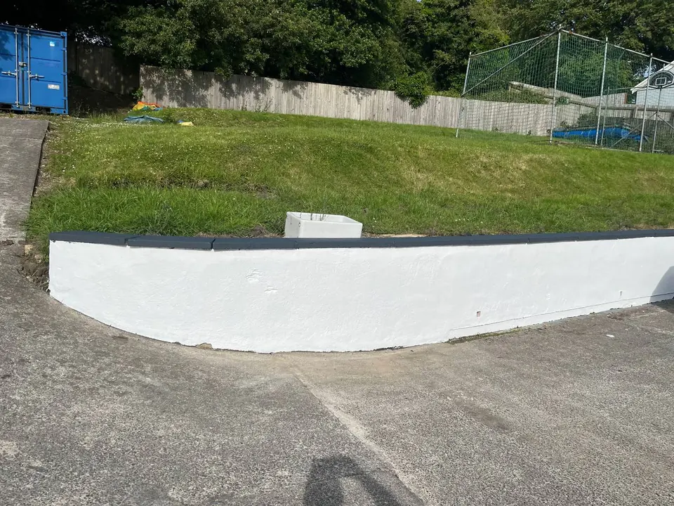 After: the same garden wall cleaned and painted brilliant white with a dark capping.